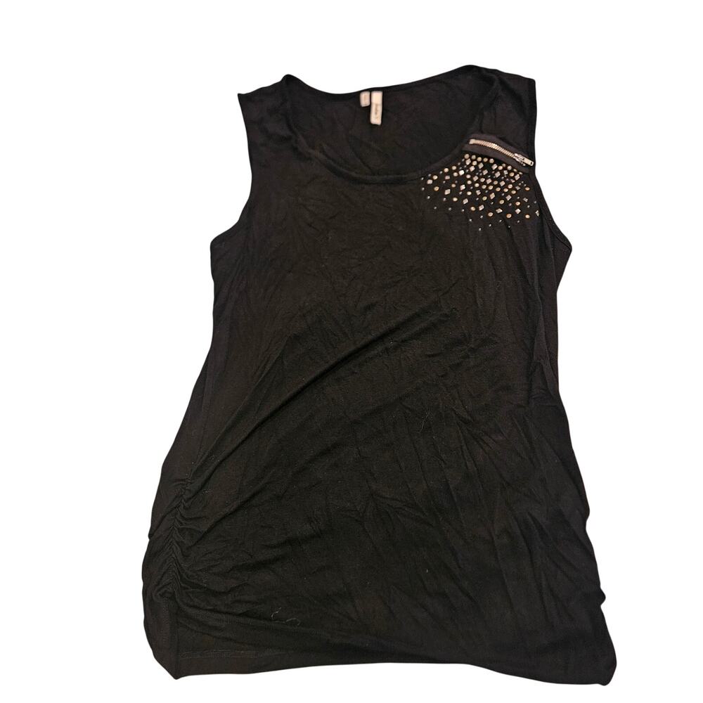 Studio Y Black Studded Sleeveless Top Zip Shoulder Semi Sheer Size L